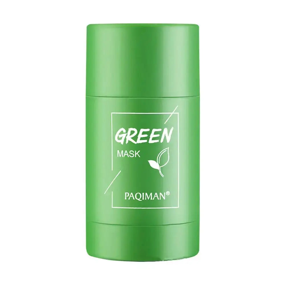 Green tea mask stick container, capped green cylinder with GREEN MASK label