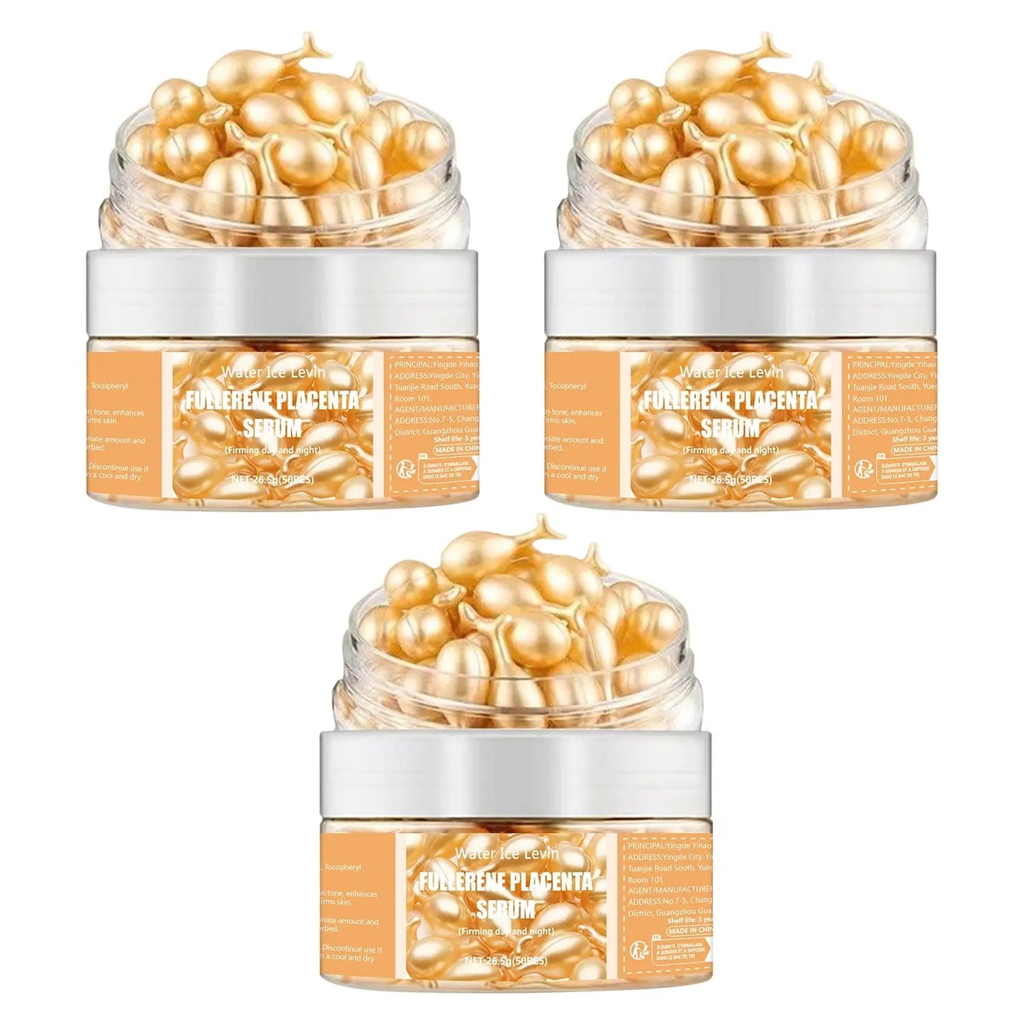 Three skin serum jars with clear lids and golden capsules, silver-white labels.