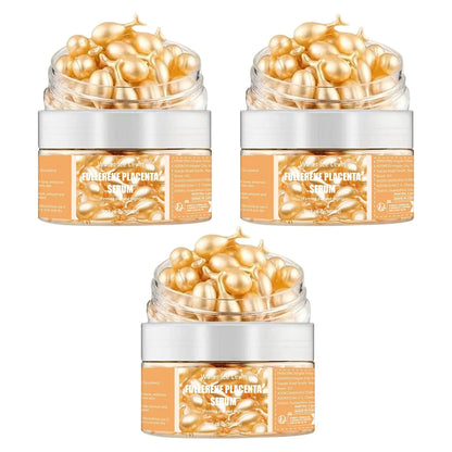 Three skin serum jars with clear lids and golden capsules, silver-white labels.