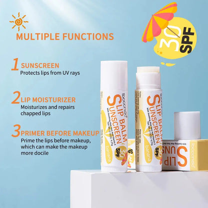 Lip balm SPF 30 tubes stacked for sunscreen, moisturizing, and makeup prep