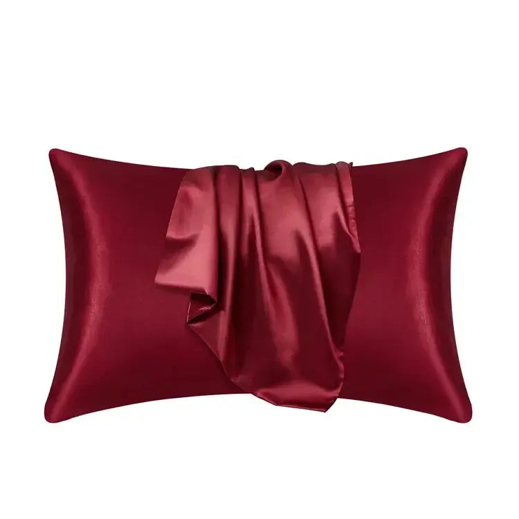 Red mulberry silk pillow case with matching ribbon tie closure