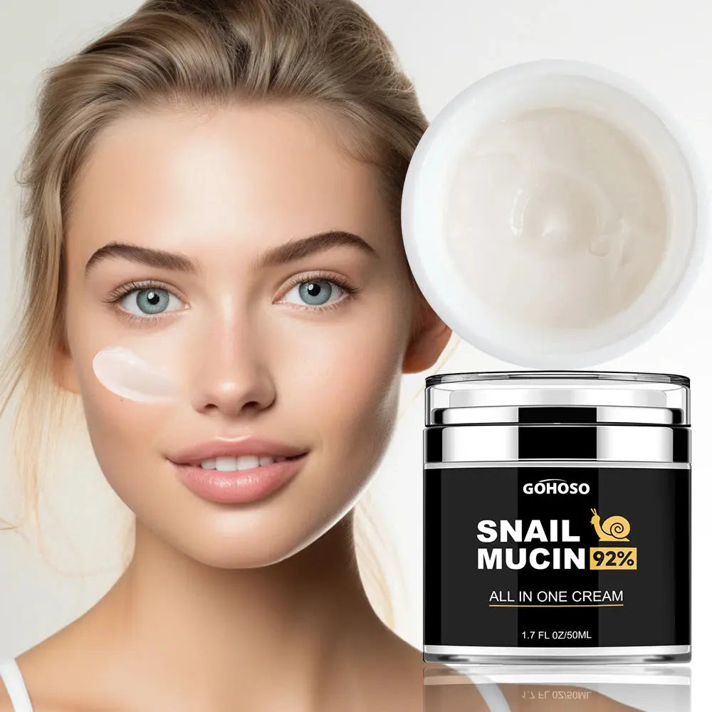 Snail mucin all-in-one cream jar with open lid showing white cream