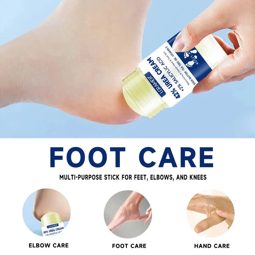 LGRAMER 42% urea cream jar with 2% salicylic acid held near ankle and heel