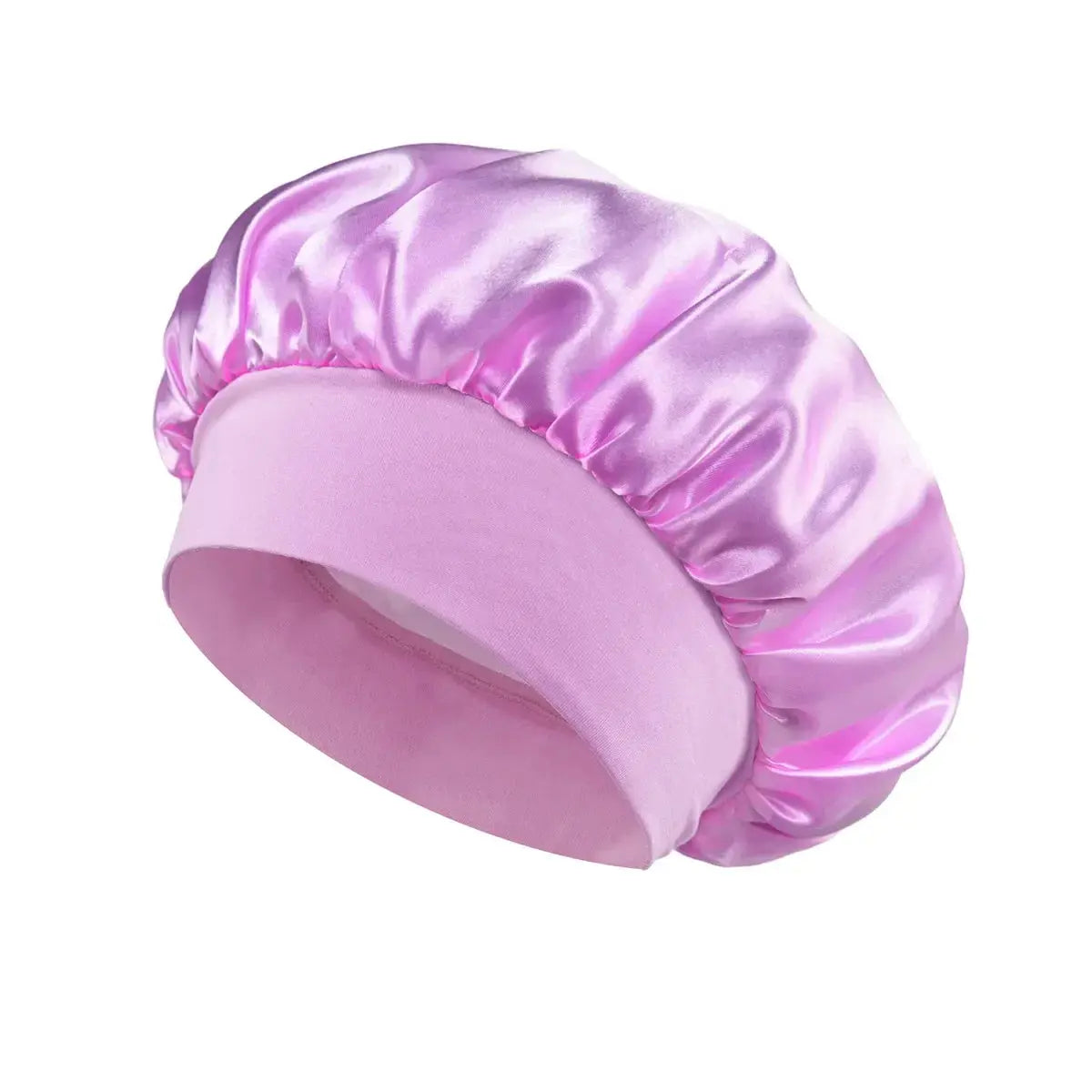 Light purple satin sleeping hair bonnet with wide band and gathered top