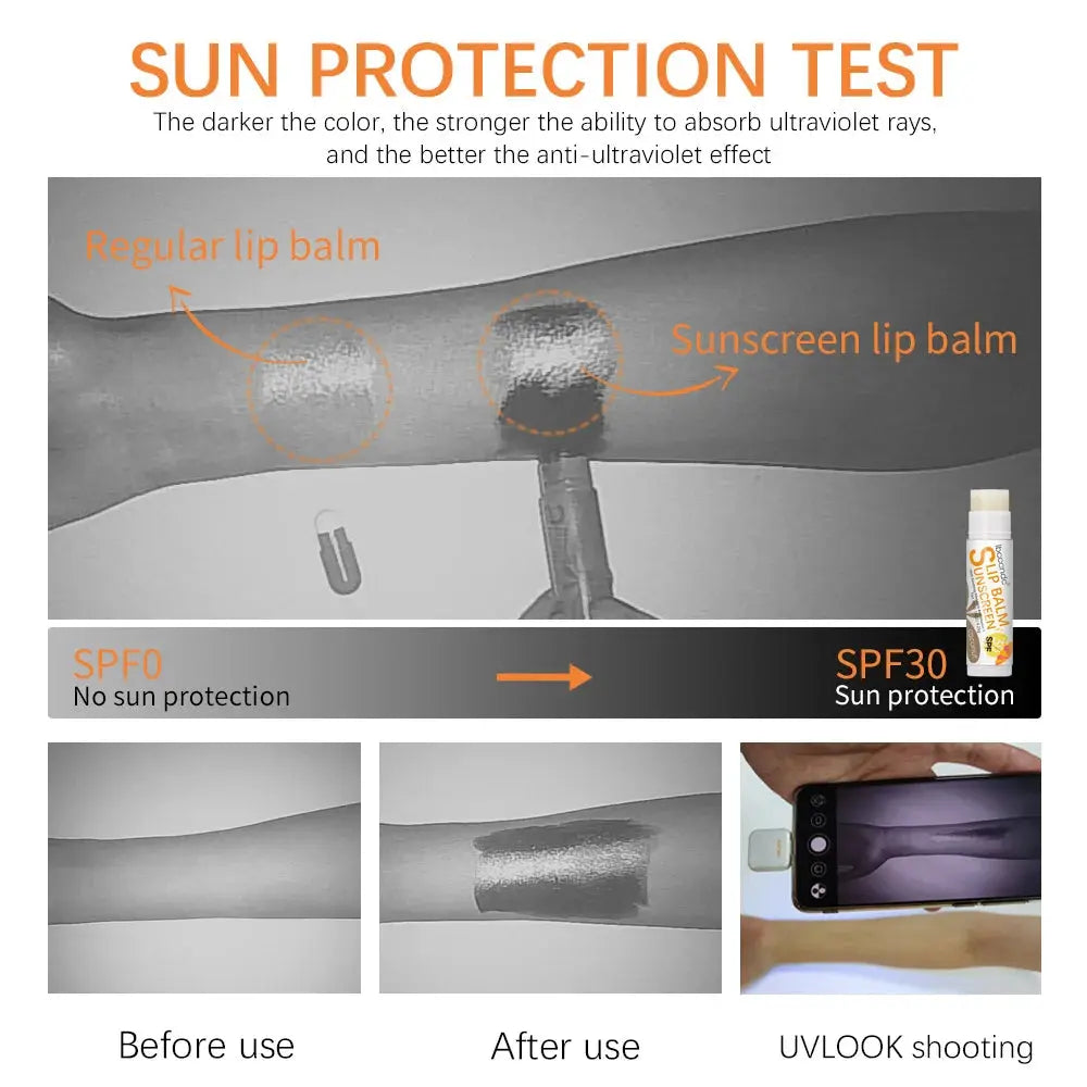 Sunscreen lip balm SPF 30 demonstration showing UV protection before and after