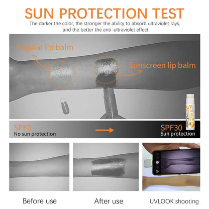 Sunscreen lip balm SPF 30 demonstration showing UV protection before and after
