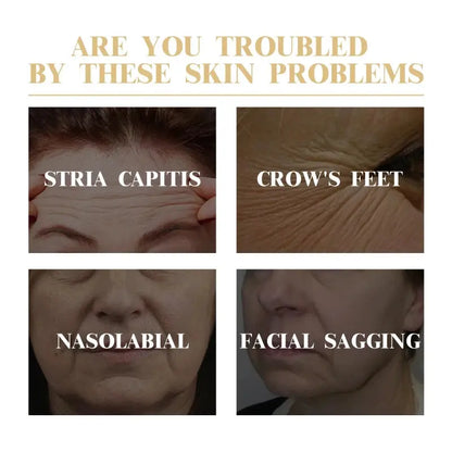 Collagen facial mask benefits poster listing skin concerns like crow's feet and sagging