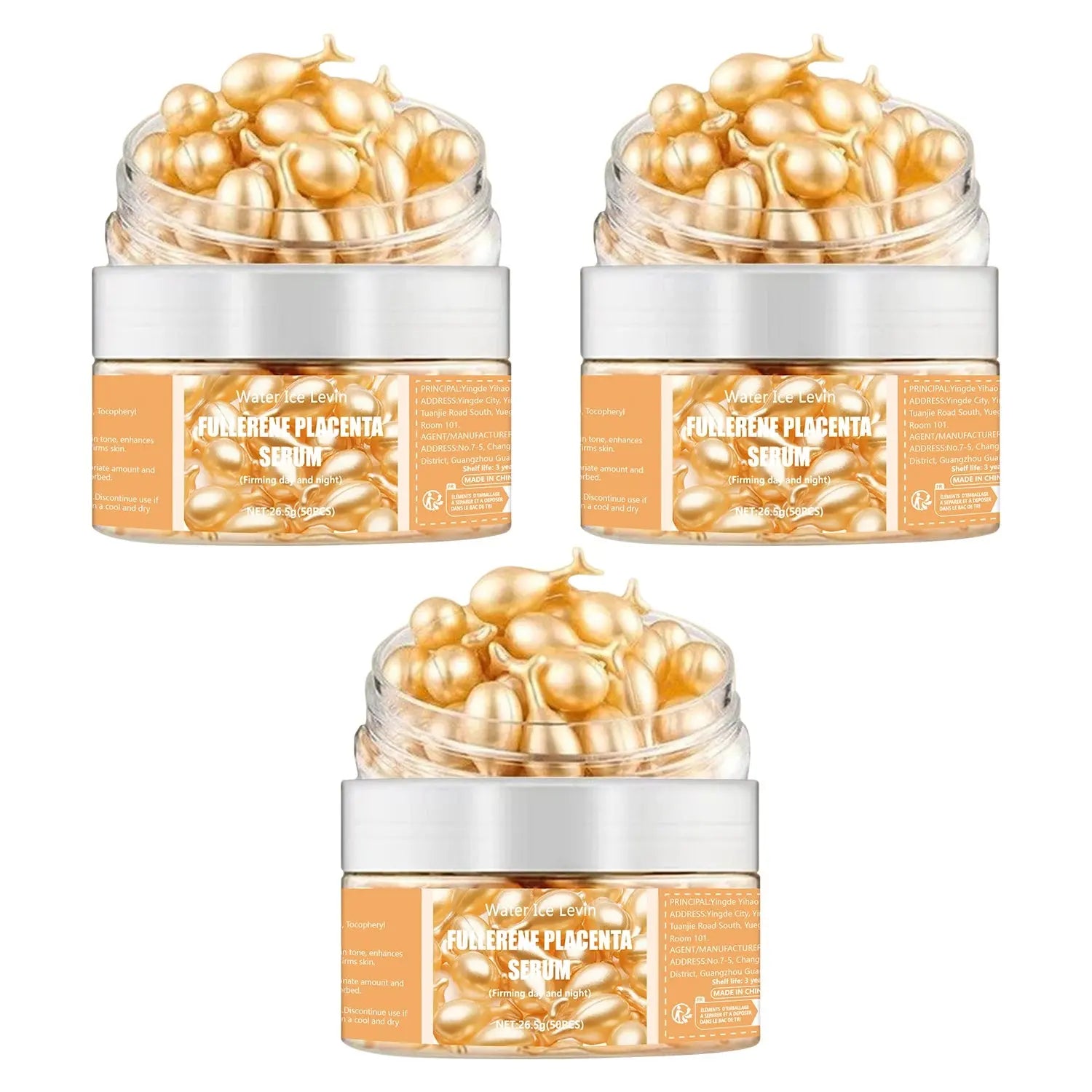 Set of fullerene placenta serum jars: two upright and one front, gold capsule beads