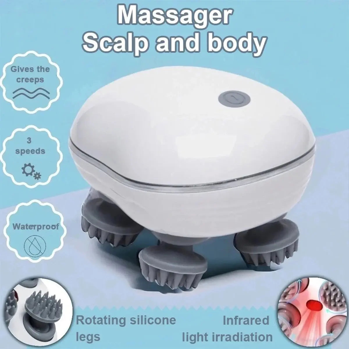 White head massager with rotating silicone nodes and infrared light.