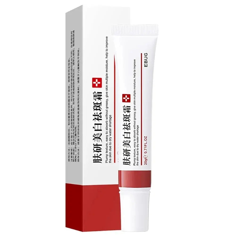 Freckle whitening cream tube with back label and box, white and red design