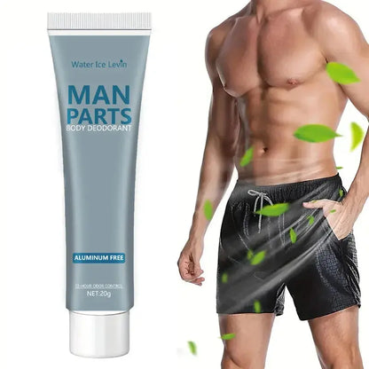 Light blue body deodorant cream tube with white cap and 20g label