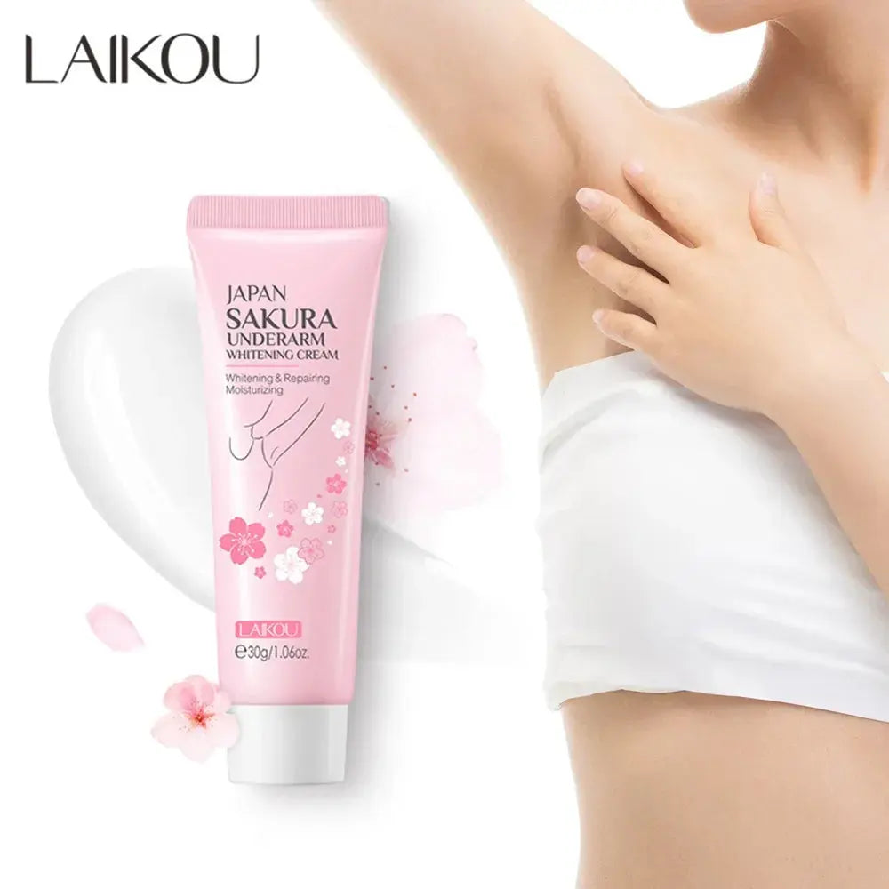 Pink underarm whitening cream tube beside model torso and hand