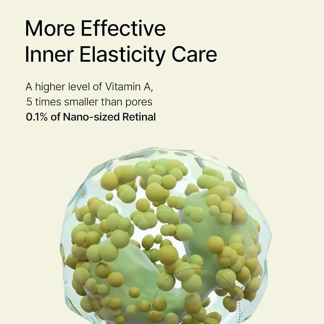 Skincare inner elasticity ingredient visual with spherical particles, no tube shown