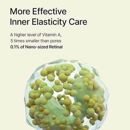 Skincare inner elasticity ingredient visual with spherical particles, no tube shown