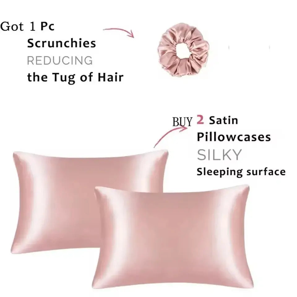 Cherry pink satin pillowcase set with two matching pillowcases and hair scrunchies