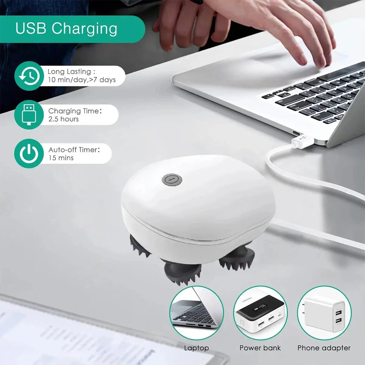 White head massager with USB charging cable and rotating silicone scalp nodes.