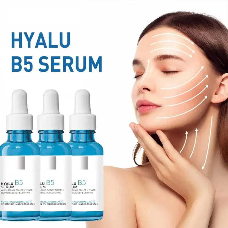 Hyaluronic B5 serum bottles with dropper and woman applying to skin