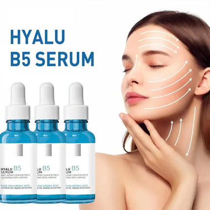 Hyaluronic B5 serum bottles with dropper and woman applying to skin