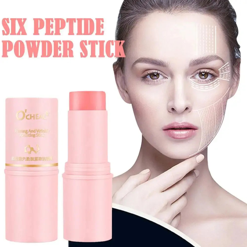 Pink O'CHEAL balm stick with cap, shown beside face with smoothing lines graphic