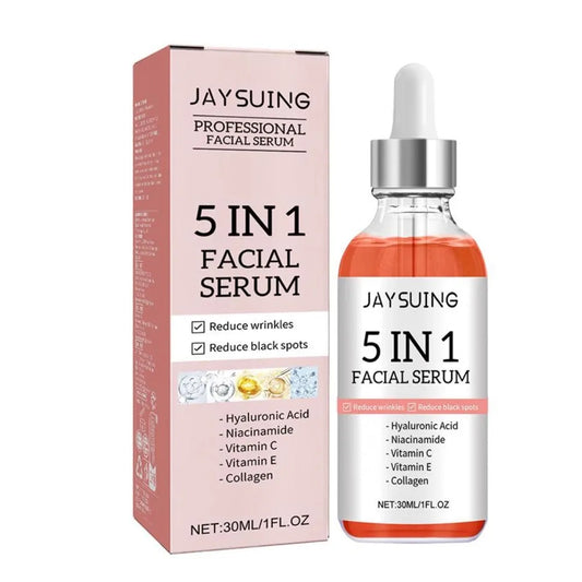 5-in-1 facial serum with dropper, 30 ml bottle and carton