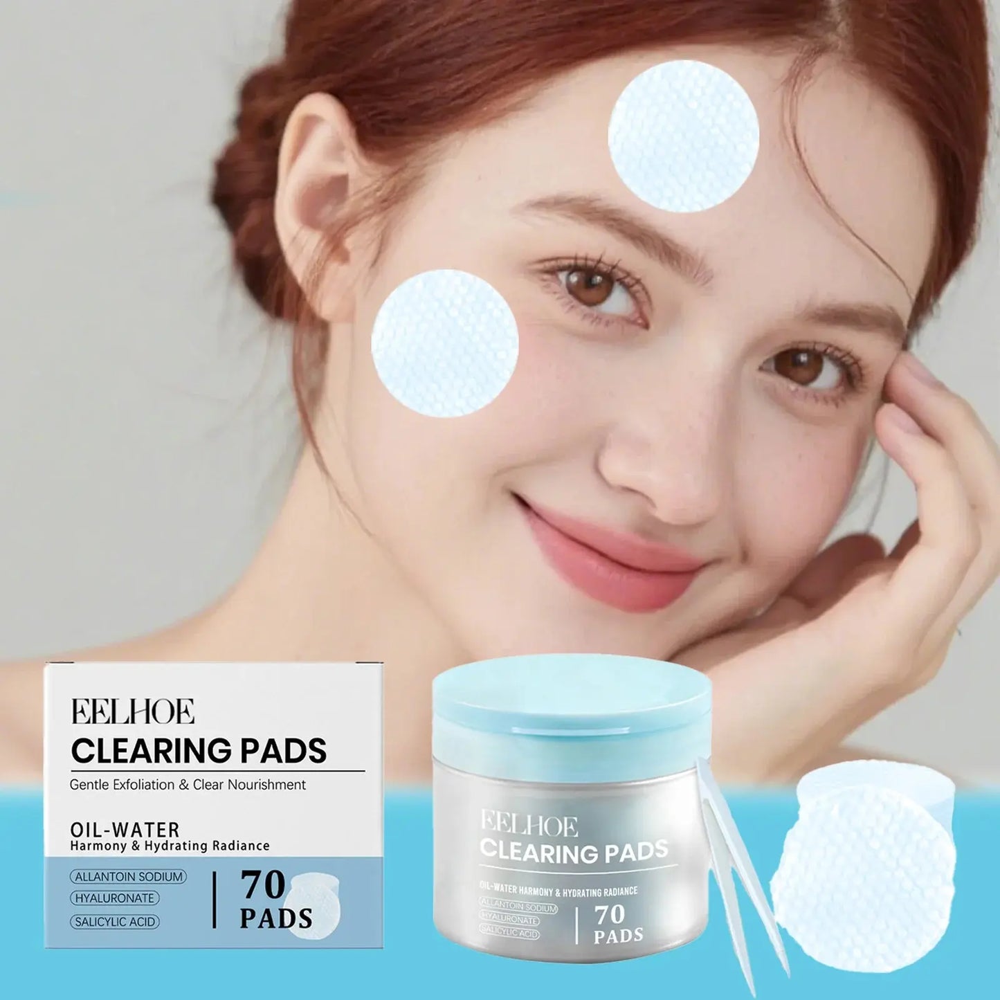 Facial clearing pads with jar and two circular pads applied on cheeks