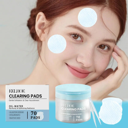 Facial clearing pads with jar and two circular pads applied on cheeks