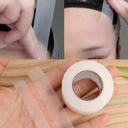 White tape roll and thin strips on wooden surface, adhesive side visible