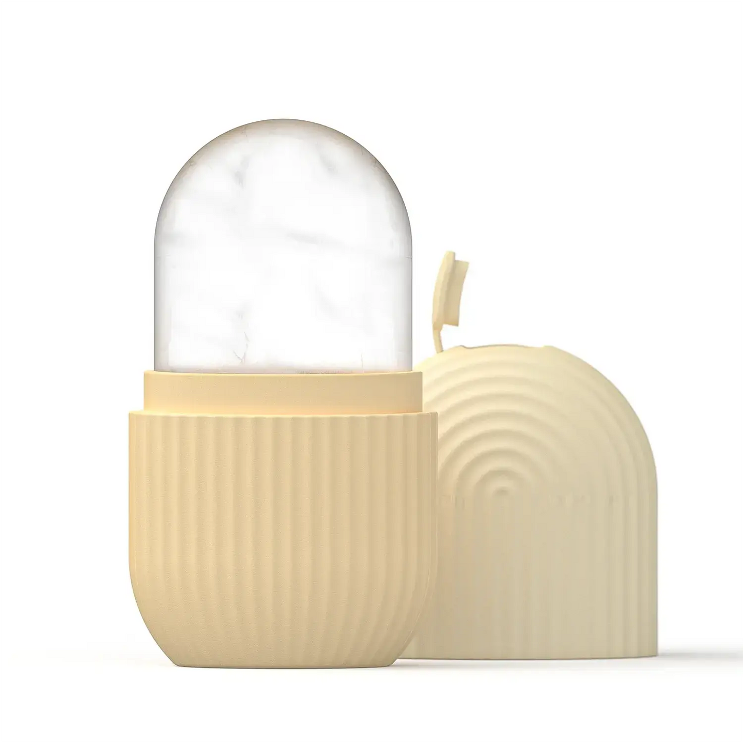 Cream silicone face ice cube mold with arched lid and ridged side tray