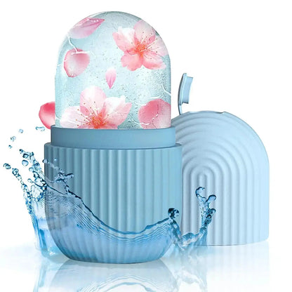 Silicone face ice cube mold set, blue ridged container with pink petal ice dome