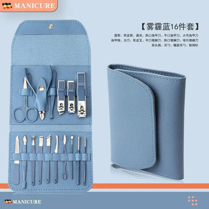 Blue nail tool set pouch open and closed, showing 16 stainless steel pieces