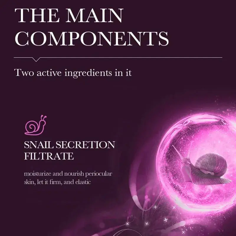 Snail secretion skincare components graphic with droplet and snail illustration