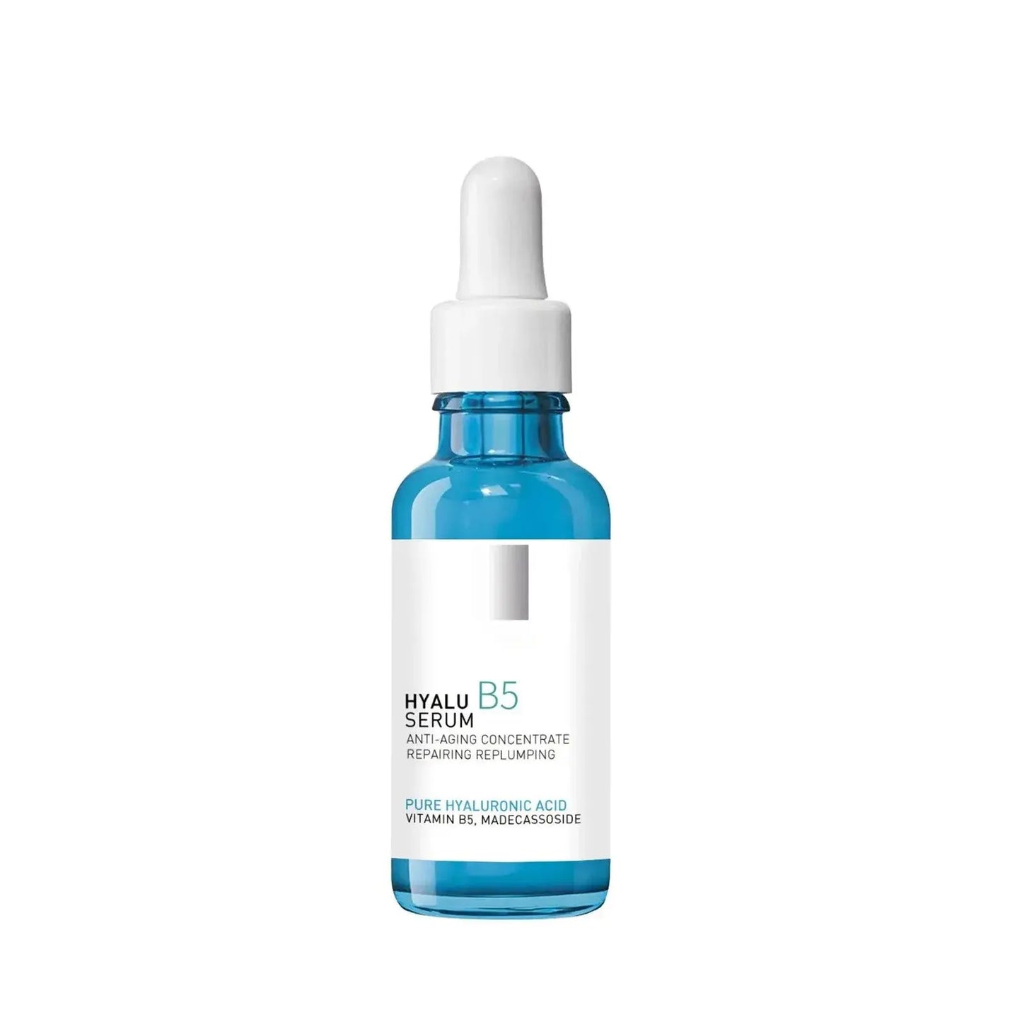 Single Hyalu B5 serum bottle with blue dropper and white cap