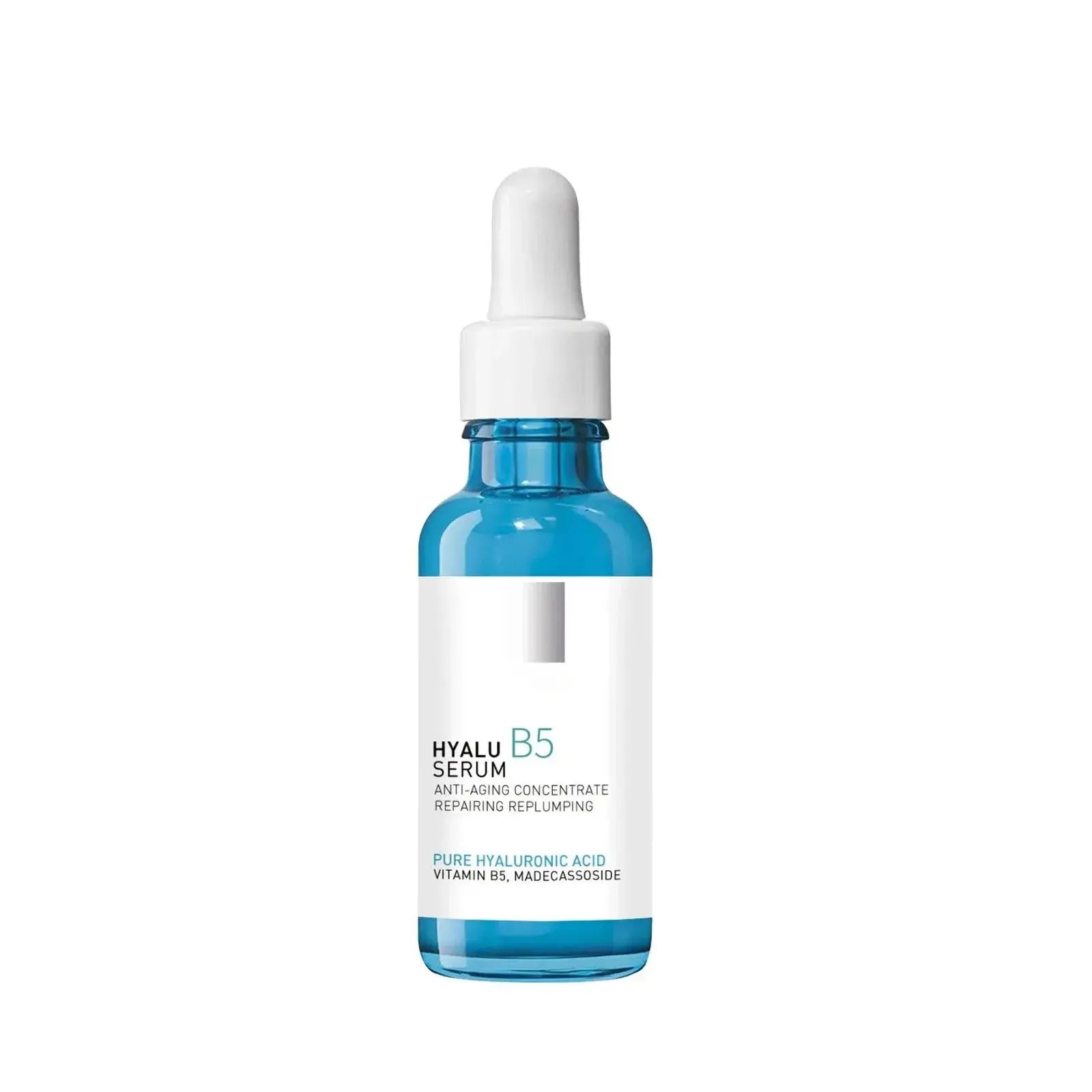Single Hyalu B5 serum bottle with blue dropper and white cap