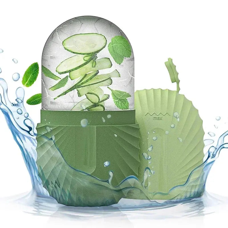 Green silicone ice facial roller with ridged base for face and eye massage