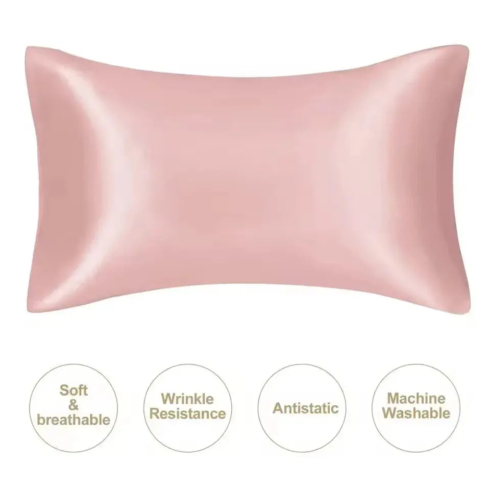 Cherry pink silky satin pillowcase with smooth finish and tapered edges