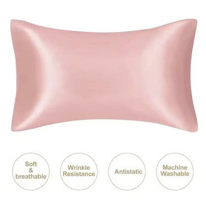 Cherry pink silky satin pillowcase with smooth finish and tapered edges