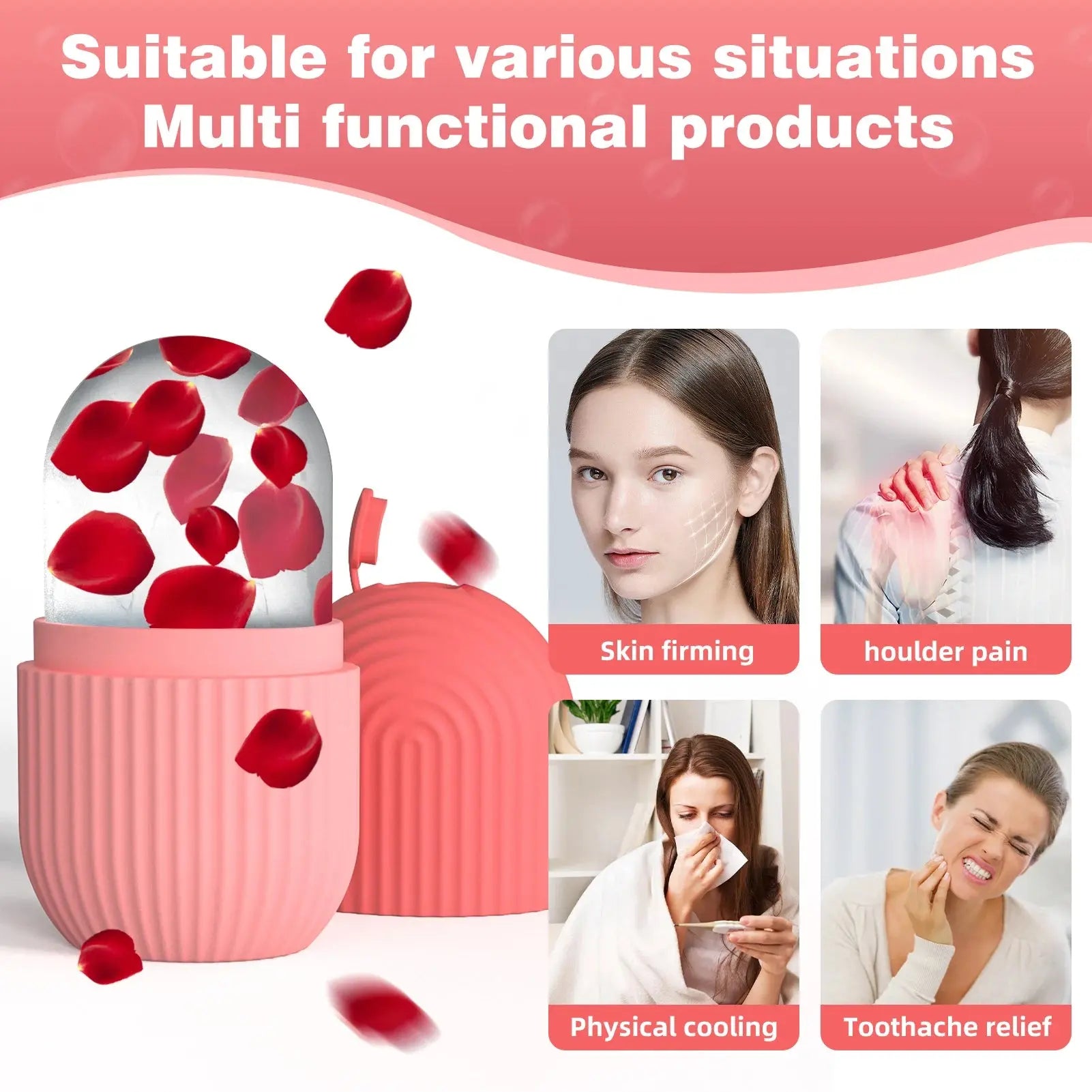 Pink silicone face ice cube mold with red ice pieces, open top container