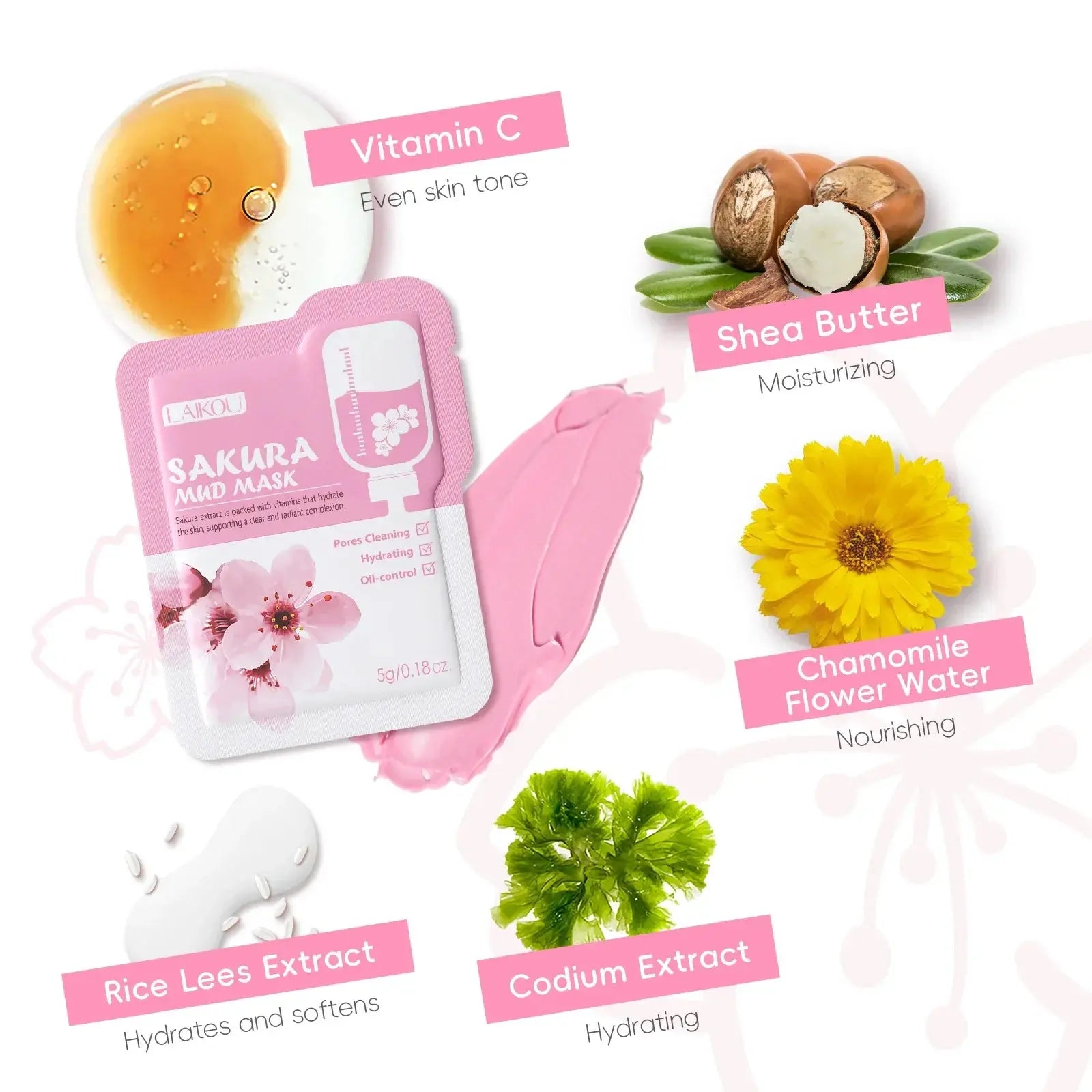 Sakura mud mask sachets with ingredient callouts: Vitamin C, Shea butter, Chamomile water