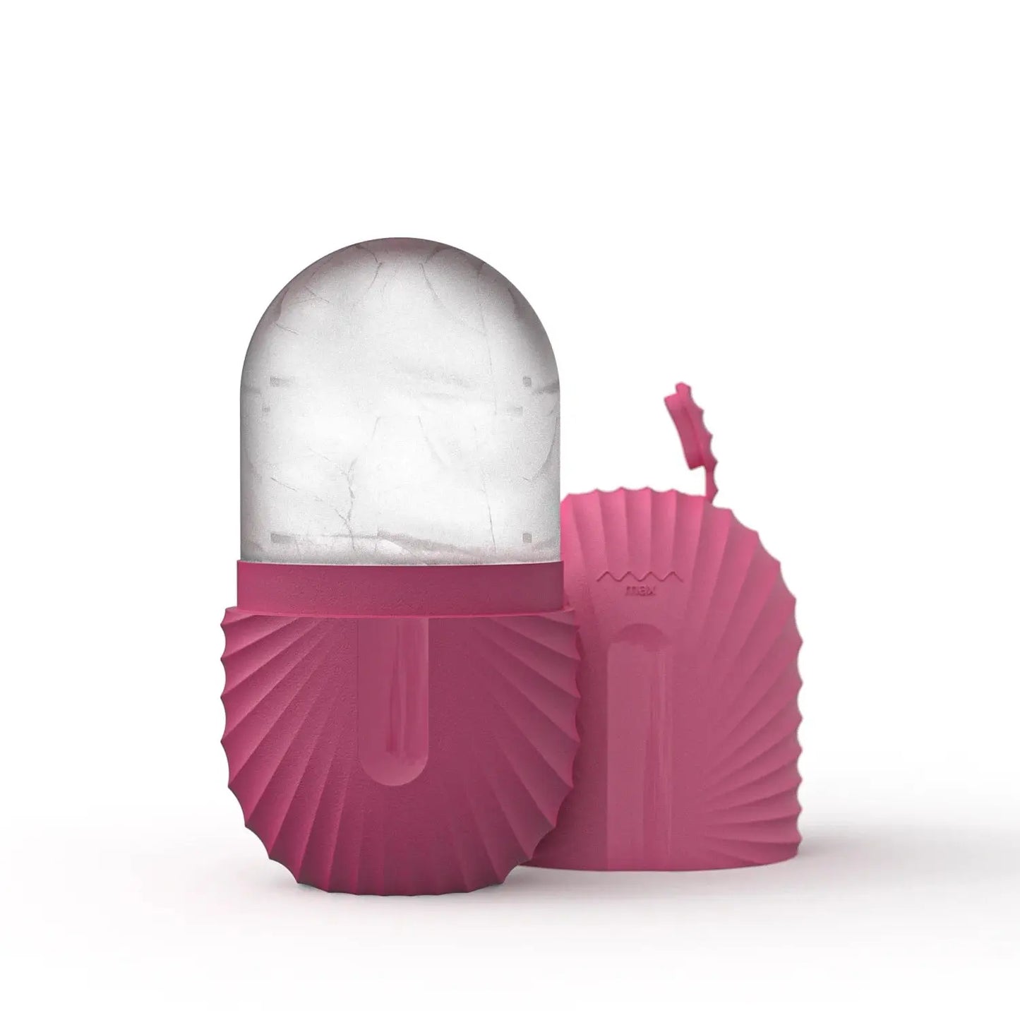 Silicone ice facial roller with pink silicone base and clear cracked ice head