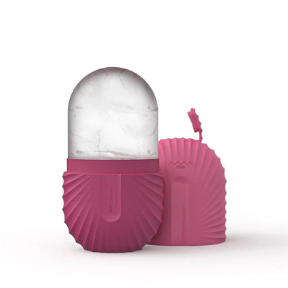 Silicone ice facial roller with pink silicone base and clear cracked ice head