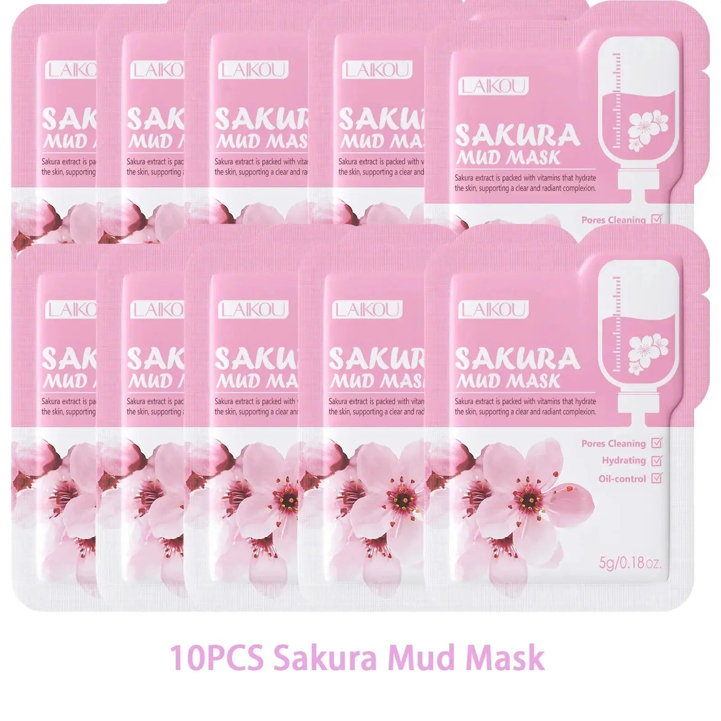 Sakura pink clay mud face mask trial pack, 10 sachets, 5g each