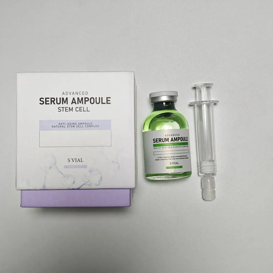Serum ampoule set with green glass bottle, white box, and clear dropper vial