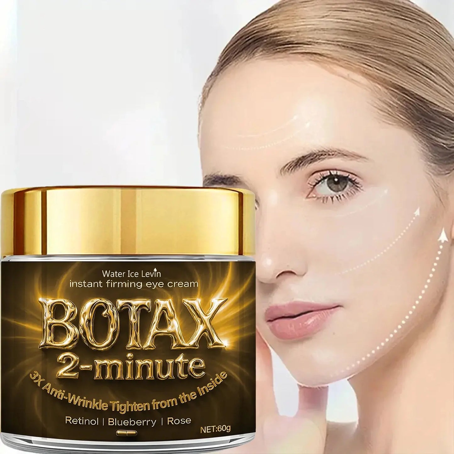 BOTAX 2-minute eye cream jar with gold lid next to woman face with cream