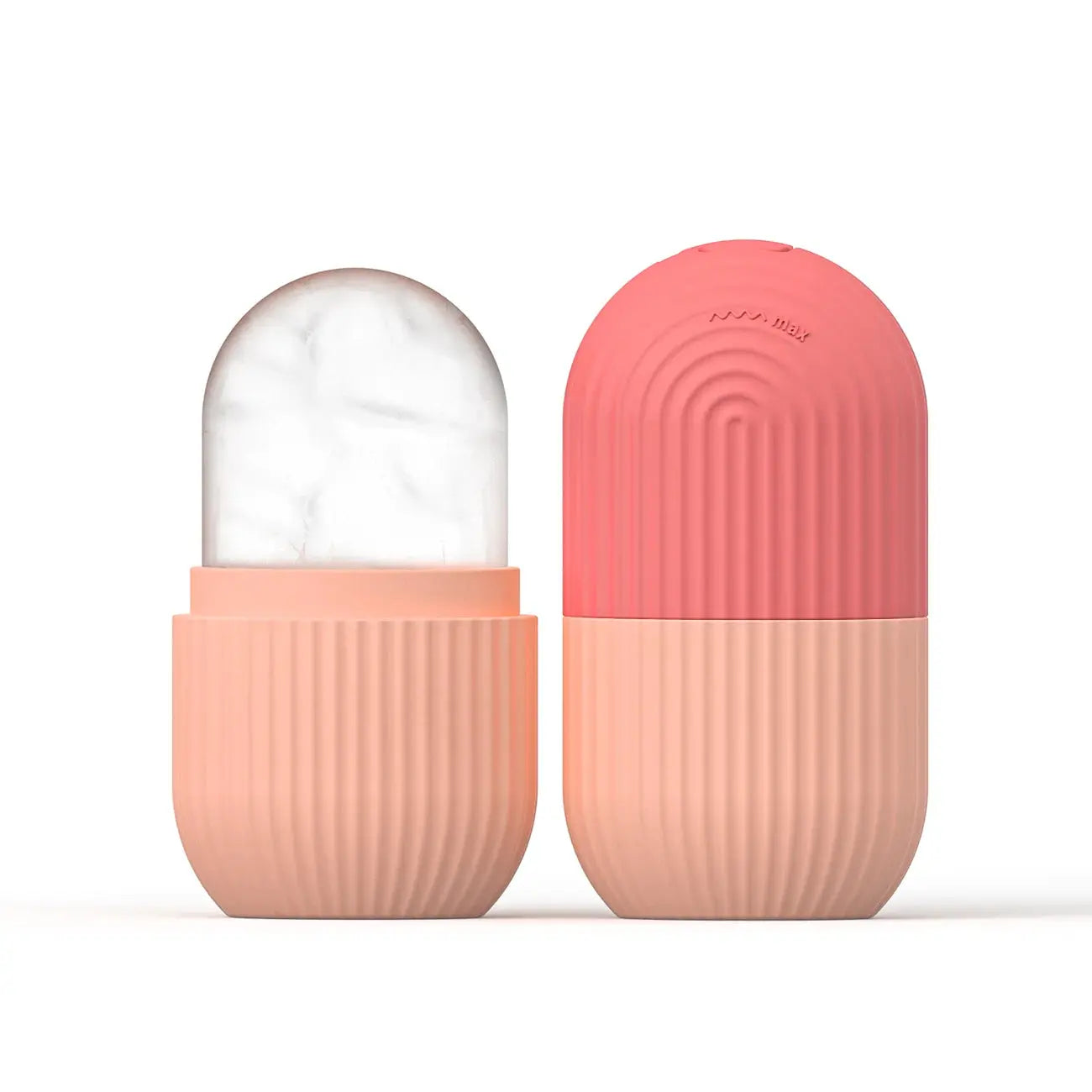 Peach silicone face ice cube mold with frosty ice top, closed