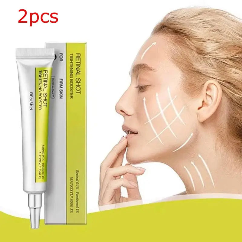 Two skincare booster cream tubes with eye/face grid pattern on model's face