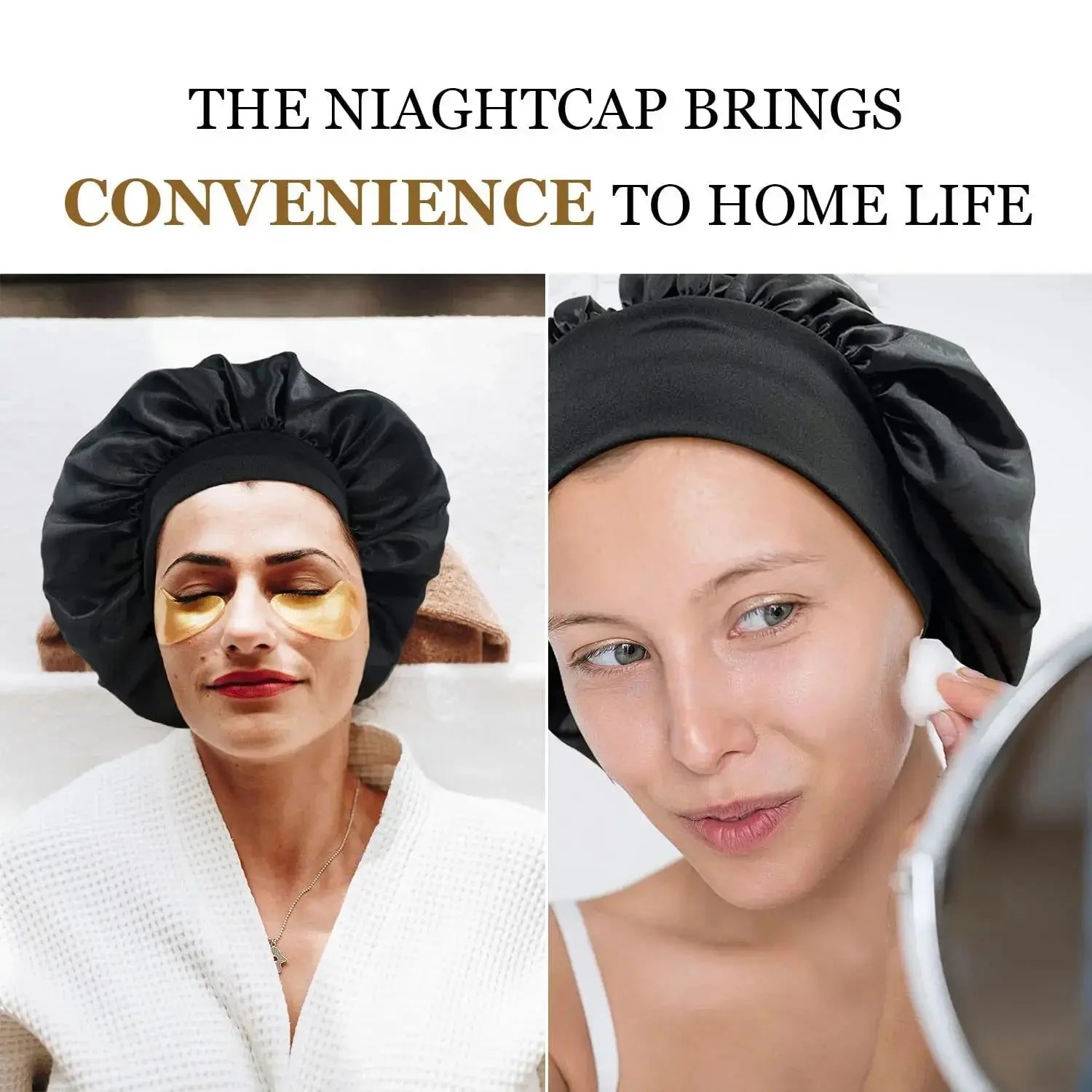 Satin hair bonnet for sleeping, dark wide-brim style with elastic band.
