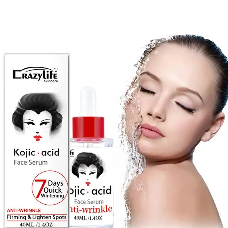 Red-capped kojic acid face serum bottle with skincare packaging, on model
