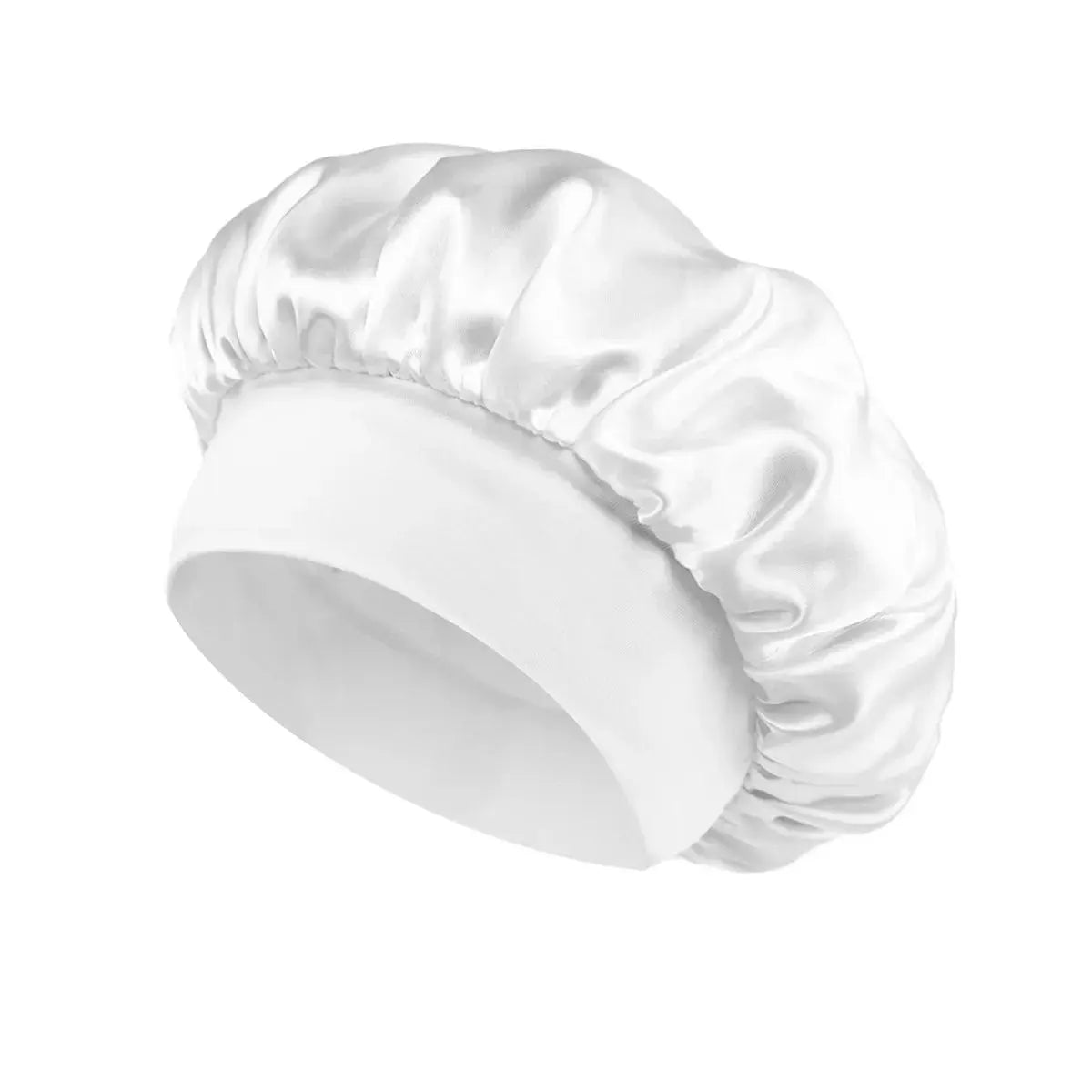 Satin hair bonnet for sleeping, white wide-brim style with elastic band.