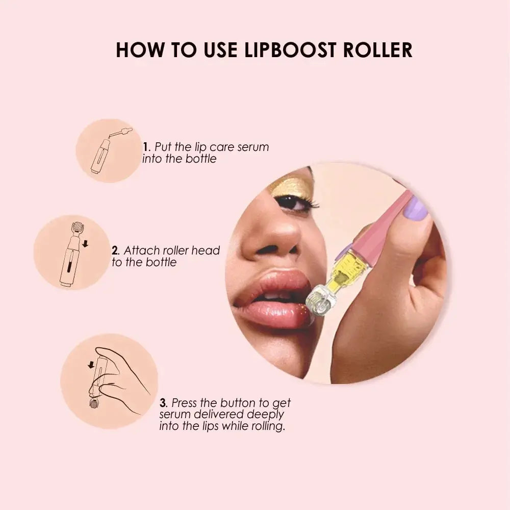 Lip booster roller how-to graphic showing serum bottle and roller attachment