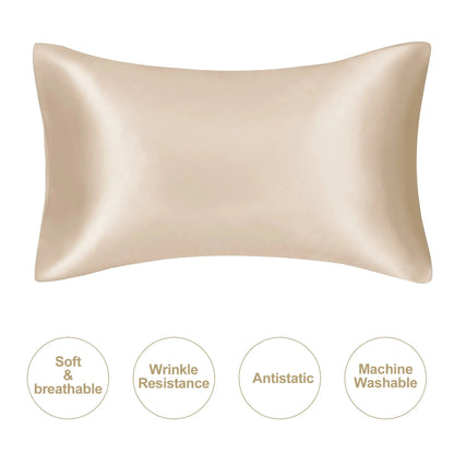 Champagne silky satin pillowcase with smooth finish and tapered edges
